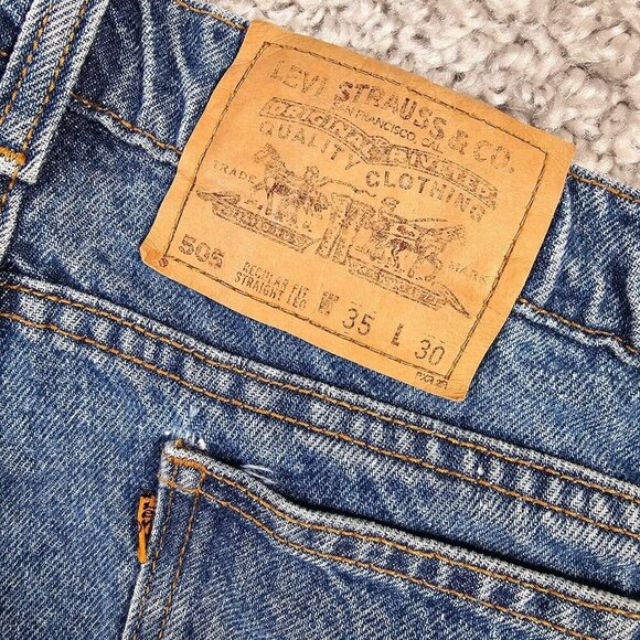 Levis 505 Jeans Mens 35x30 (Fits 33x25) Blue Straight Orange Tab Vintage Distres - Picture 11 of 16